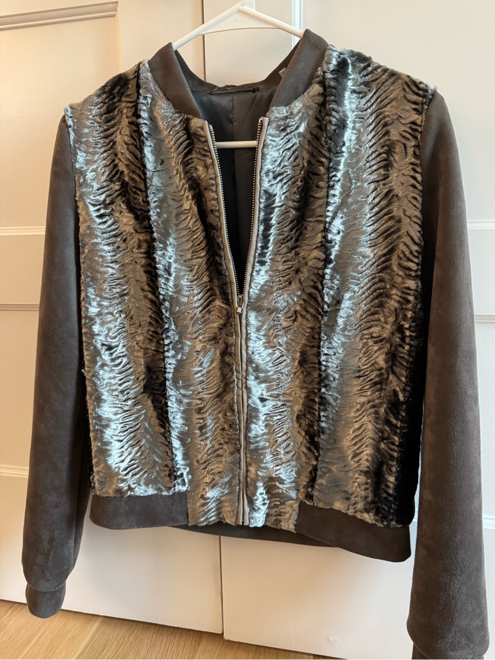 Tahari Silver Gray Faux Fur Bomber Jacket